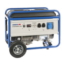 ENDRESS Stromerzeuger 'ESE 6000 BS' der ECOPOWER LINE mit blauem Rahmen und verbautem Radsatz (seitlich).