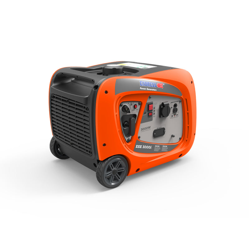 Orangener ENDRESS Inverter-Stromerzeuger 'ESE 3000i' mit Rädern und Handgriff.