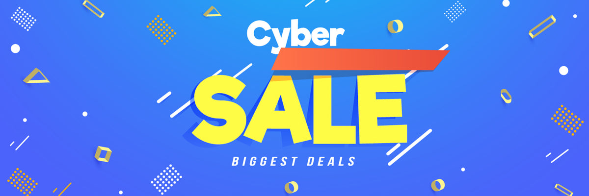 Blauer Hintergrund mit großem Text: ‚Cyber Sale, Biggest Deals‘ – Hinweis auf Sonderangebote.