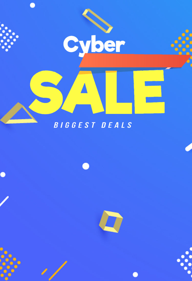 Blauer Hintergrund mit großem Text: ‚Cyber Sale, Biggest Deals‘ – Hinweis auf Sonderangebote.