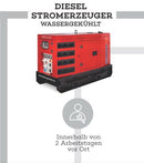 Schaubild eines ENDRESS Stromerzeugers 'RENTAL 20' umgeben von dem schwarzen Schriftzug "Diesel Stromerzeuger - wassergekühlt" (oben) und Icon, das aus einem grauen Kreis mit einer stilisierten Person und einem Schraubenschlüssel in der Mitte besteht. Darunter steht in schwarz: "Innerhalb von 2 Arbeitstagen vor Ort". Ringsherum sind graue Power Linien abgebildet.