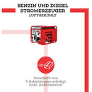 Schaubild eines ENDRESS Duplex-Stromerzeugers umgeben von dem schwarzen Schriftzug "Benzin und Diesel Stromerzeuger - luftgekühlt" (oben) und Icon, das aus einem roten Kreis mit einem stilisierten Paket in der Mitte besteht. Darunter steht in schwarz: "Innerhalb von 5 Arbeitstagen erledigt (inkl. Abholservice)". Ringsherum sind rote Power Linien abgebildet.